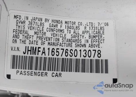 2006 Honda Civic Lx z USA, uszkodzony, nr VIN JHMFA16576S013078